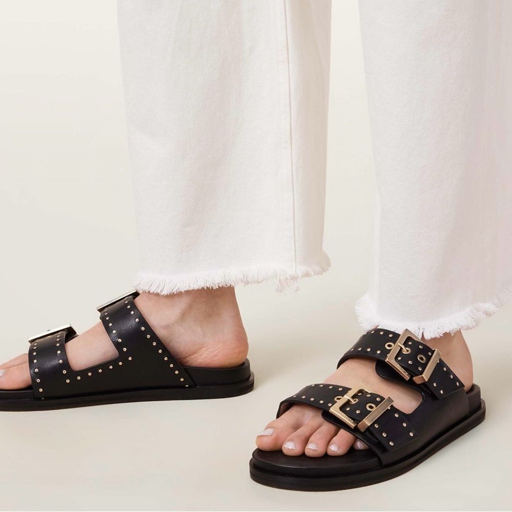 All Saints Black Leather Sandals with Gold Details - Picture 4 of 16